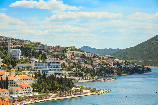 Neum, Bosnia and Herzegovina - July 16, 2017 : A view of the town and waterfront in Neum, Bosnia and Herzegovina.