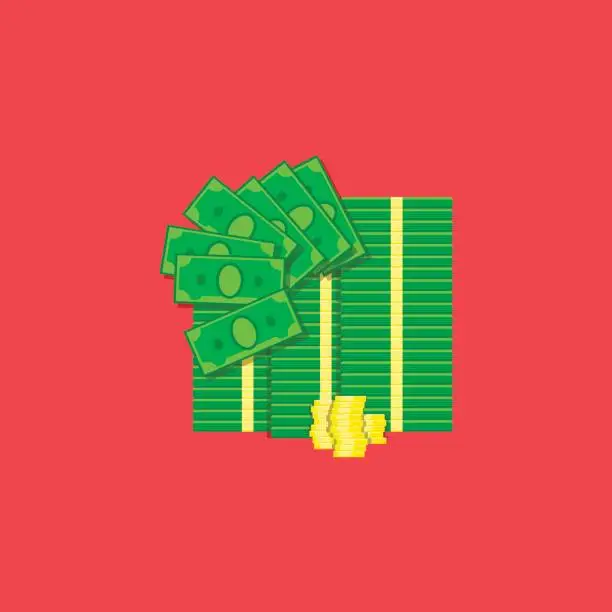 Vector illustration of Bundle of cash and coins illustration colored on red background. Finance vector icon.
