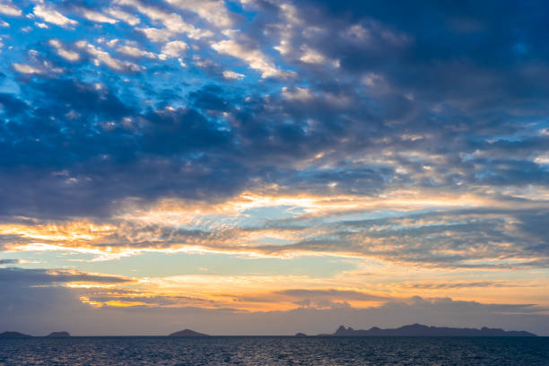 istock Dramatic sky with dark clouds above the sea at sunset. 829622100