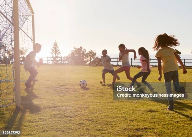 Kids Playing Football In A Park One In Goal Side View Stock Photo - Download Image Now