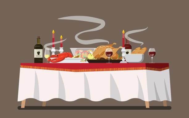 świąteczny rodzinny stół obiadowy, ilustracja wektorowa - roast chicken illustrations stock illustrations