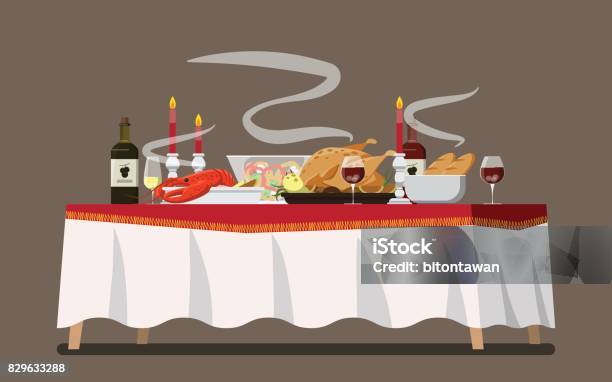 Christmas Family Dinner Table Vector Illustration Stock Illustration - Download Image Now