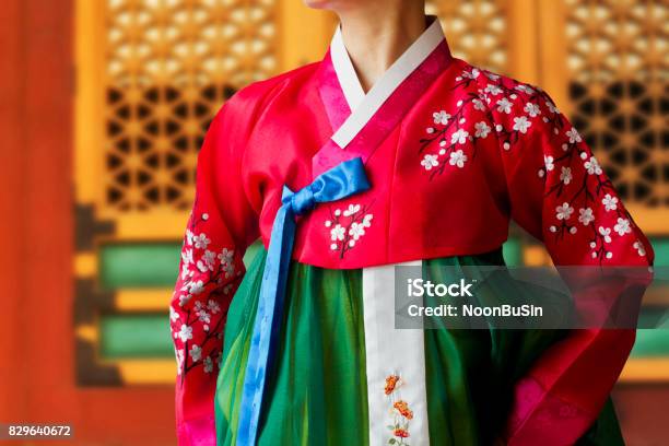 The Woman Wearing Colorful Hanbok Korean Traditional Dress In The Deoksugung Palace Stock Photo - Download Image Now