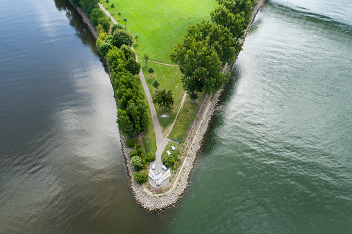 Confluence of rivers Main and Rhein, Germany - aerial view.