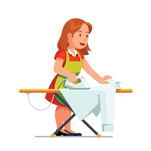 домохозяйка женщина гладит рубашку с помощью железа и доски - iron women ironing board stereotypical housewife stock illustrations