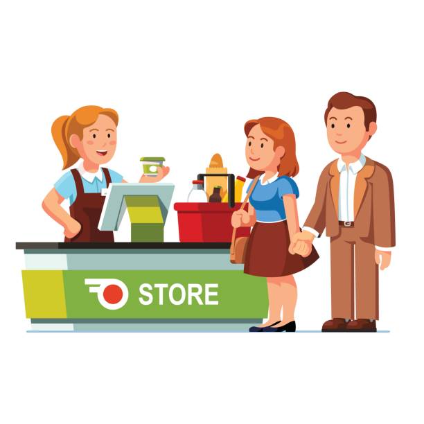 ilustraciones, imágenes clip art, dibujos animados e iconos de stock de cajero en contador de comprobación y servir clientes - shopping supermarket department store women