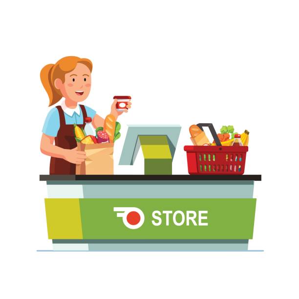 Cashier working at grocery store checkout counter Cashier girl working at grocery store checkout counter. Sales clerk taking out goods from shopping food basket, ringing, packing paper bag. Flat style vector illustration isolated on white background. grocery store cashier stock illustrations