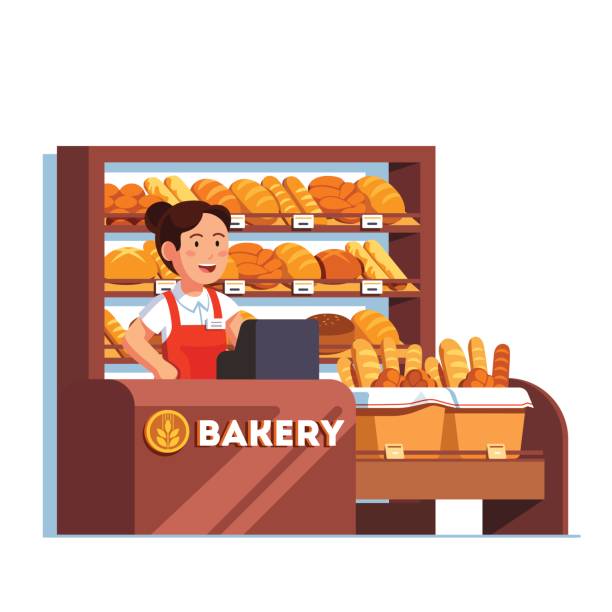 체크 아웃 카운터에서 빵 베이커리가 게에서 점원 - bread white background isolated loaf of bread stock illustrations