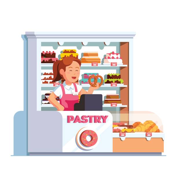 ilustraciones, imágenes clip art, dibujos animados e iconos de stock de cajero en tienda de pastelería en contador de comprobación de panadería - shopping supermarket department store women