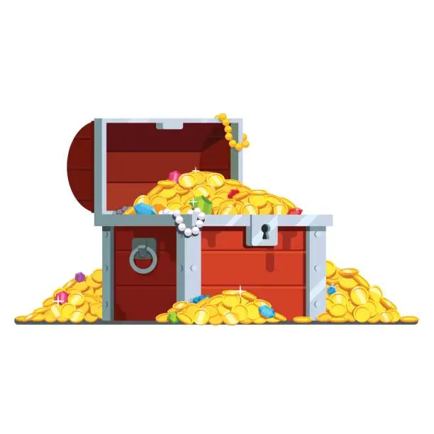 Vector illustration of Open pirate treasure chest full of gold coins