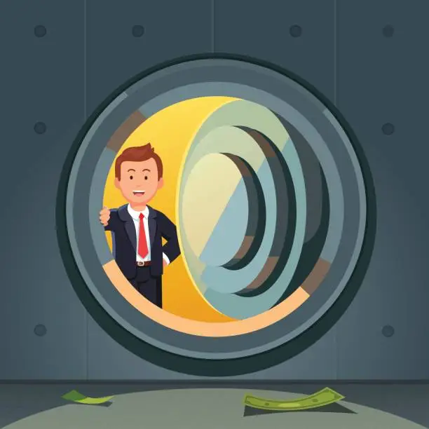 Vector illustration of Businessman peeking through bank vault door