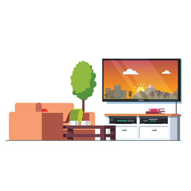 Home living room with table, couch, wall tv screen Home living room interior with coffee table, couch, tv screen and stand with blue ray player and receiver. Office waiting hall furniture. Flat style vector illustration isolated on white background. wall of tvs stock illustrations