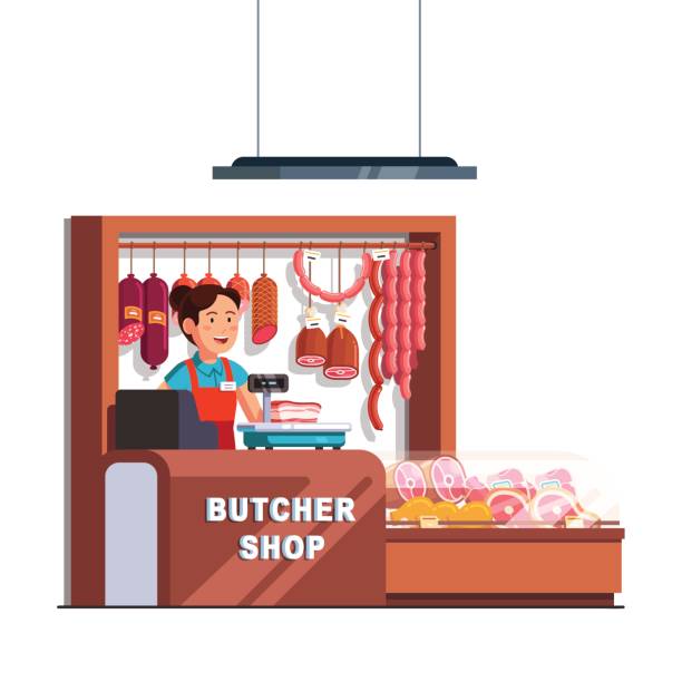 ilustraciones, imágenes clip art, dibujos animados e iconos de stock de mujer de propietario tienda de carnicero en contador de comprobación - shopping supermarket department store women