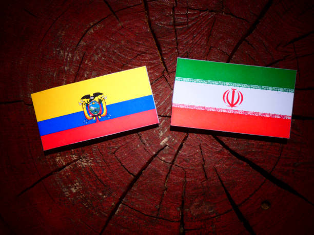 istock Ecuador flag with Iranian flag on a tree stump isolated 829714782