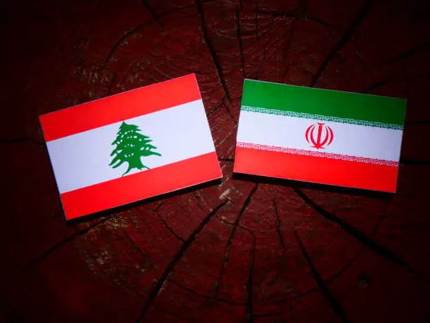 Lebanese flag with Iranian flag on a tree stump isolated