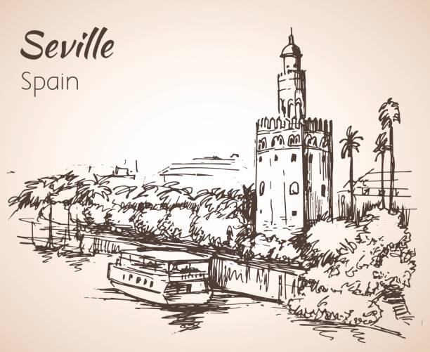 ilustraciones, imágenes clip art, dibujos animados e iconos de stock de bosquejo de españa ciudad sevilla. torre del oro. - seville sevilla house spain