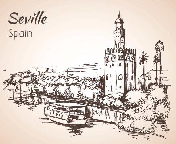 szkic hiszpańskiego miasta sewilla. torre del oro. - seville torre del oro sevilla spain stock illustrations
