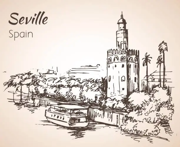 Vector illustration of Sketch of spain city Seville. Torre del Oro.