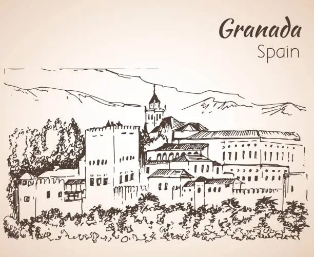 Vector illustration of Panoramic view of the Alhambra with Sierra Nevada in the background.