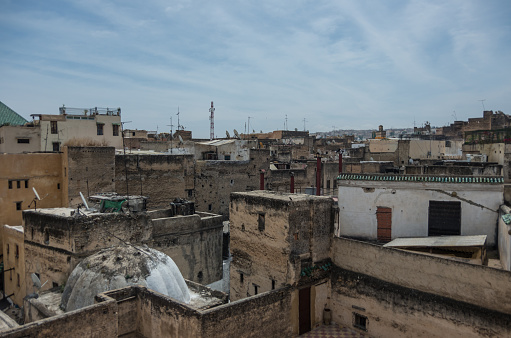 View to roof of medieval Fez medina from Nejjarine Museum of Wooden Arts & Crafts terrace, Morocco