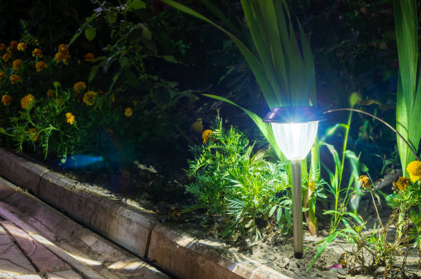 istock solar lanterns garden light with shrubs and tile at home 829735210