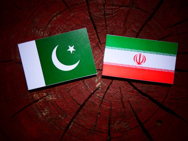 istock Pakistan flag with Iranian flag on a tree stump isolated 829735352