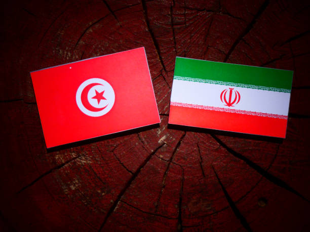 Bandera de Túnez con bandera iraní en un tocón de árbol aislado - foto de stock