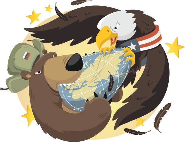 world supremacy Russian bear and American eagle fighting for owning the world diplomacy stock illustrations