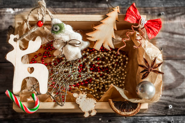 istock Christmas decorations in a wooden box 829757756