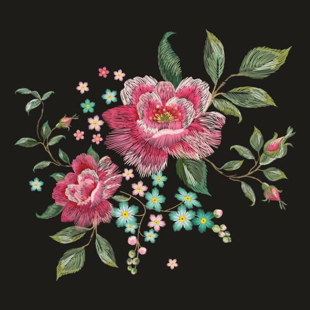istock Embroidery fashion floral pattern with pink roses. 829768260