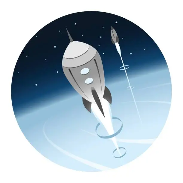 Vector illustration of Rockets Going into Space Round Icon