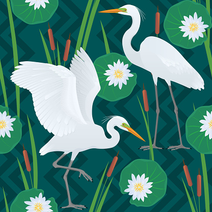 Color vector seamless pattern with detailed drawing of two Great Egrets, isolated on background of geometric ornaments, canes and flowers and leaves of a water lily.