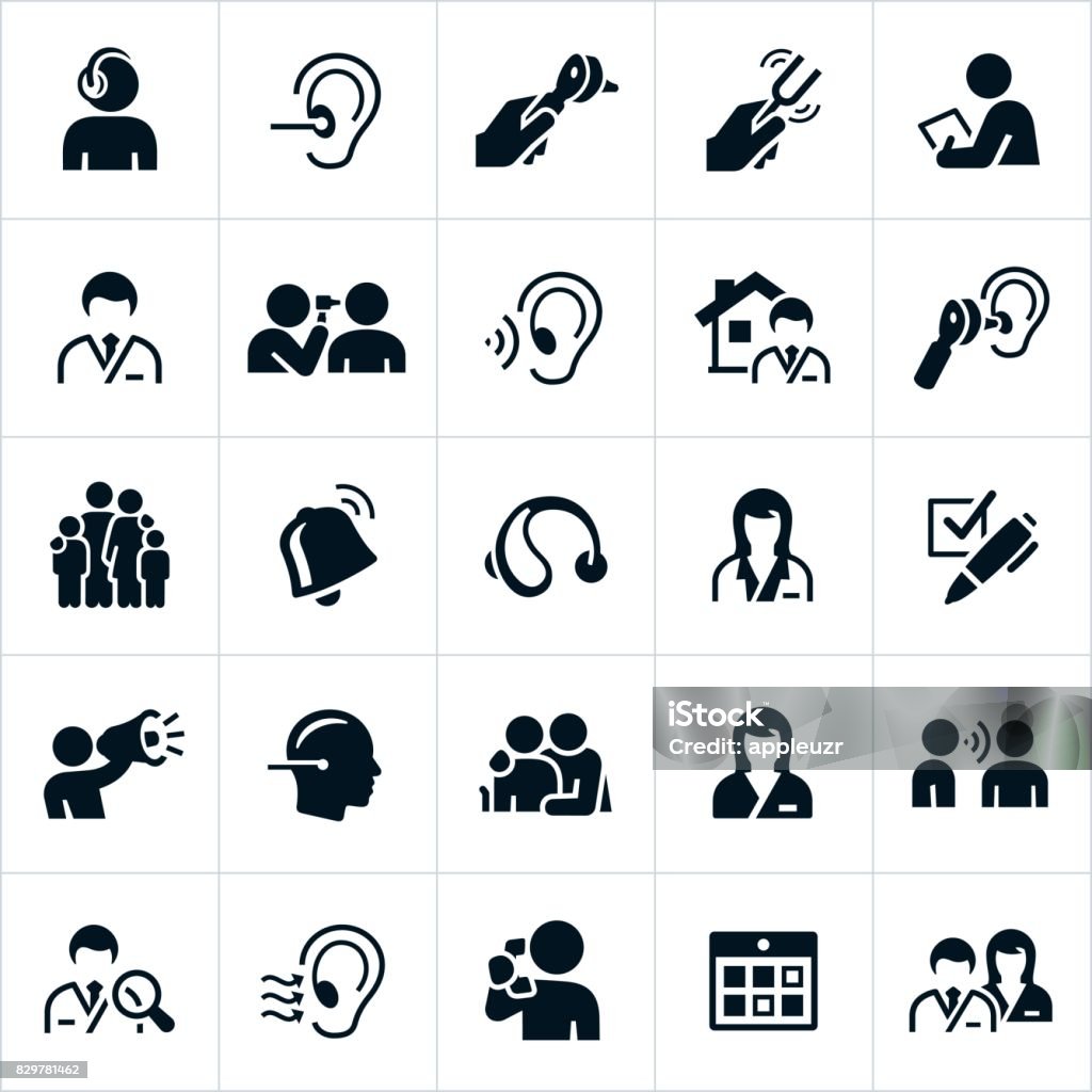 Audiology and Hearing icons An icon set of audiology themes. The icons include audiologists, audiology, audiology testing, medical exam, otoscope, hearing aid and other related themes. Icon Symbol stock vector