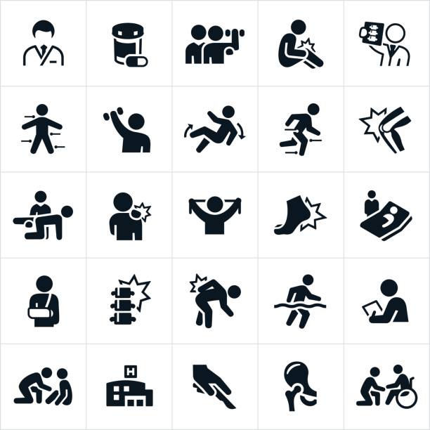 Orthopedics and Rehabilitation Icons An icon set of orthopedic themes. The icons include doctors, medication, rehabilitation, sports training, knee pain, back pain, shoulder pain, x-ray, sports, injury, recovery, broken arm, foot pain, surgery, hospital, joints and other related themes. sports medicine stock illustrations