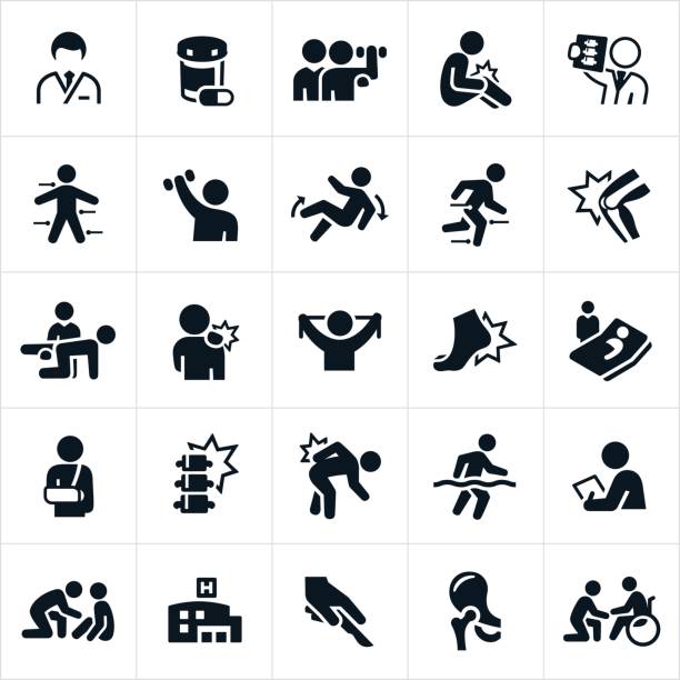 Orthopedics and Rehabilitation Icons An icon set of orthopedic themes. The icons include doctors, medication, rehabilitation, sports training, knee pain, back pain, shoulder pain, x-ray, sports, injury, recovery, broken arm, foot pain, surgery, hospital, joints and other related themes. spinal surgery recovery stock illustrations