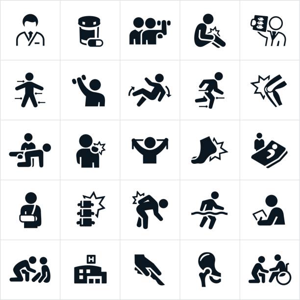 Orthopedics and Rehabilitation Icons An icon set of orthopedic themes. The icons include doctors, medication, rehabilitation, sports training, knee pain, back pain, shoulder pain, x-ray, sports, injury, recovery, broken arm, foot pain, surgery, hospital, joints and other related themes. orthopedics joint stock illustrations