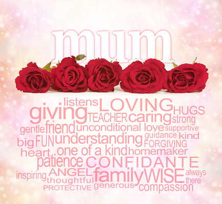 Single row of five red rose heads with the word 'mum' emerging from behind on a pink bokeh background and a mum related word cloud beneath the roses