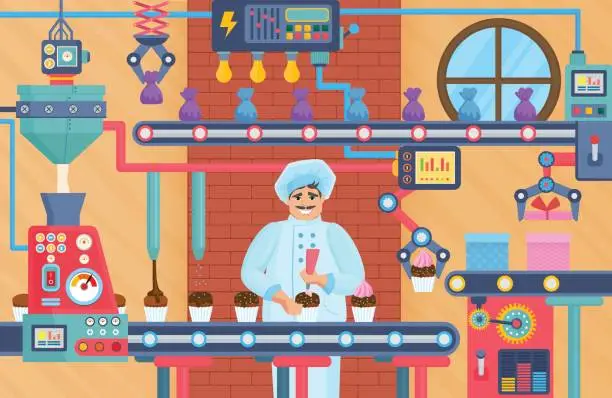 Vector illustration of Cupcake sweets factory with confectioner. Chocolate conveyor factory store vector illustration.