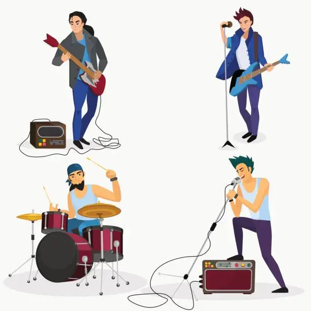 Vector illustration of Rock band members isolated. Musical group singer, drummer, guitar player cartoon vector illustration.
