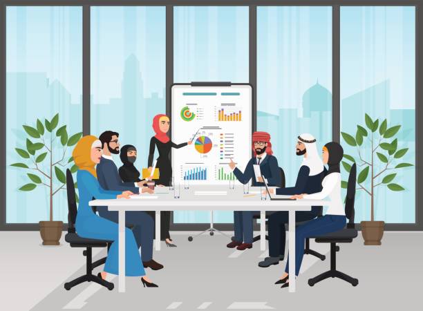 ilustrações de stock, clip art, desenhos animados e ícones de arab muslim business people group presentation in office. arabic businesspeople team training conference. meeting cartoon flat vector illustration. - cartoon business meeting training