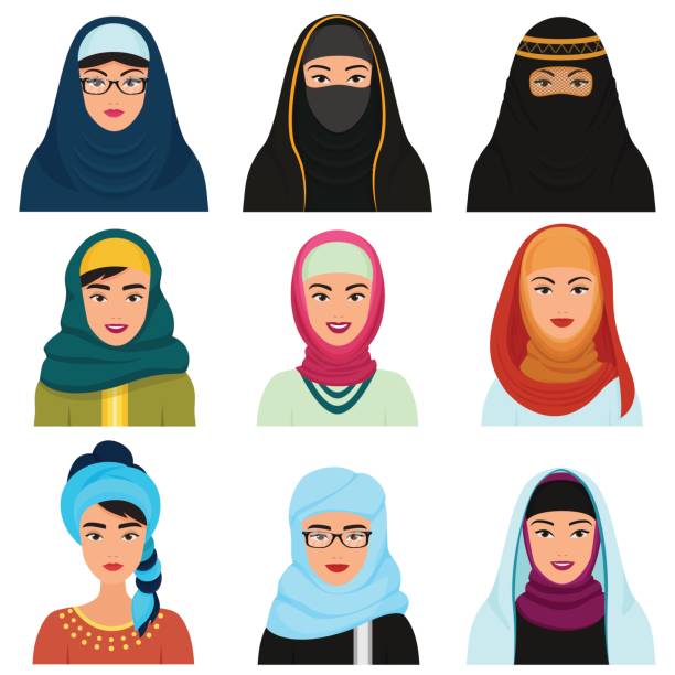 bildbanksillustrationer, clip art samt tecknat material och ikoner med mellanöstern kvinnliga avatarer set. arabian muslimska kvinnan traditionella hijab ansikte samling. - iranian girl