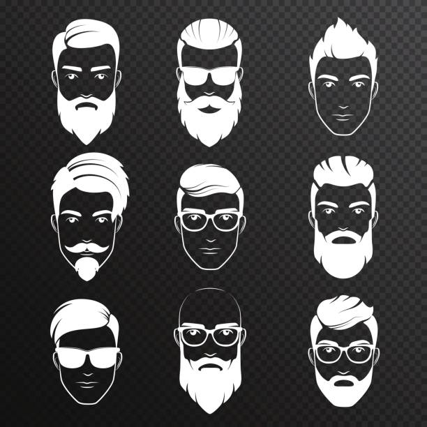 Set of vector bearded hipster men faces on the transperant alpha background. White color haircuts, beards, mustaches set. Handsome man emblems icons. Set of vector bearded hipster men faces on the transperant alpha background. Haircuts, beards, mustaches set. Handsome man emblems icons long beard stock illustrations