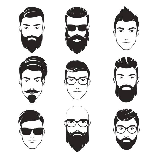 satz des vektors bärtige hipster männer gesichter. frisuren, bärte, schnurrbärte satz. gut aussehender mann embleme symbole. - bart stock-grafiken, -clipart, -cartoons und -symbole