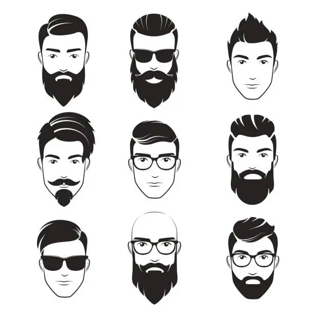 Vector illustration of Set of vector bearded hipster men faces. Haircuts, beards, mustaches set. Handsome man emblems icons.
