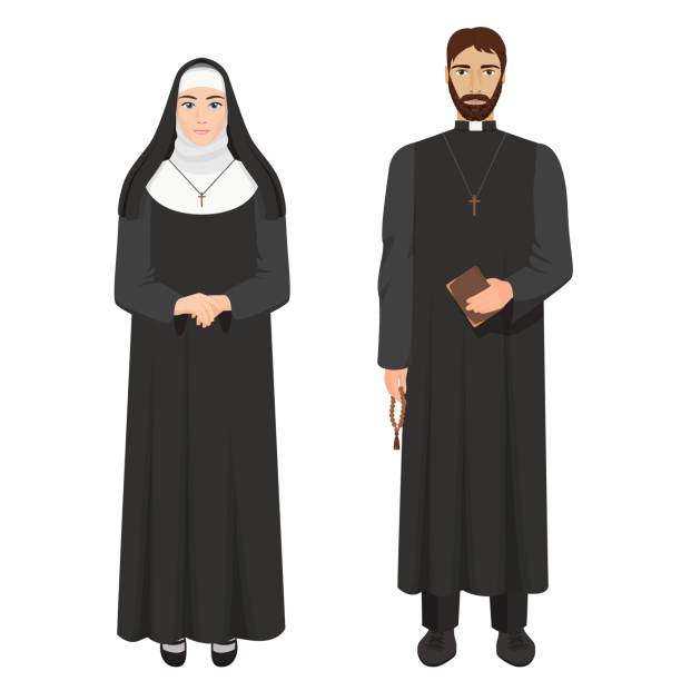 katholischer priester und nonne. realistische vektor-illustration. - nun stock-grafiken, -clipart, -cartoons und -symbole