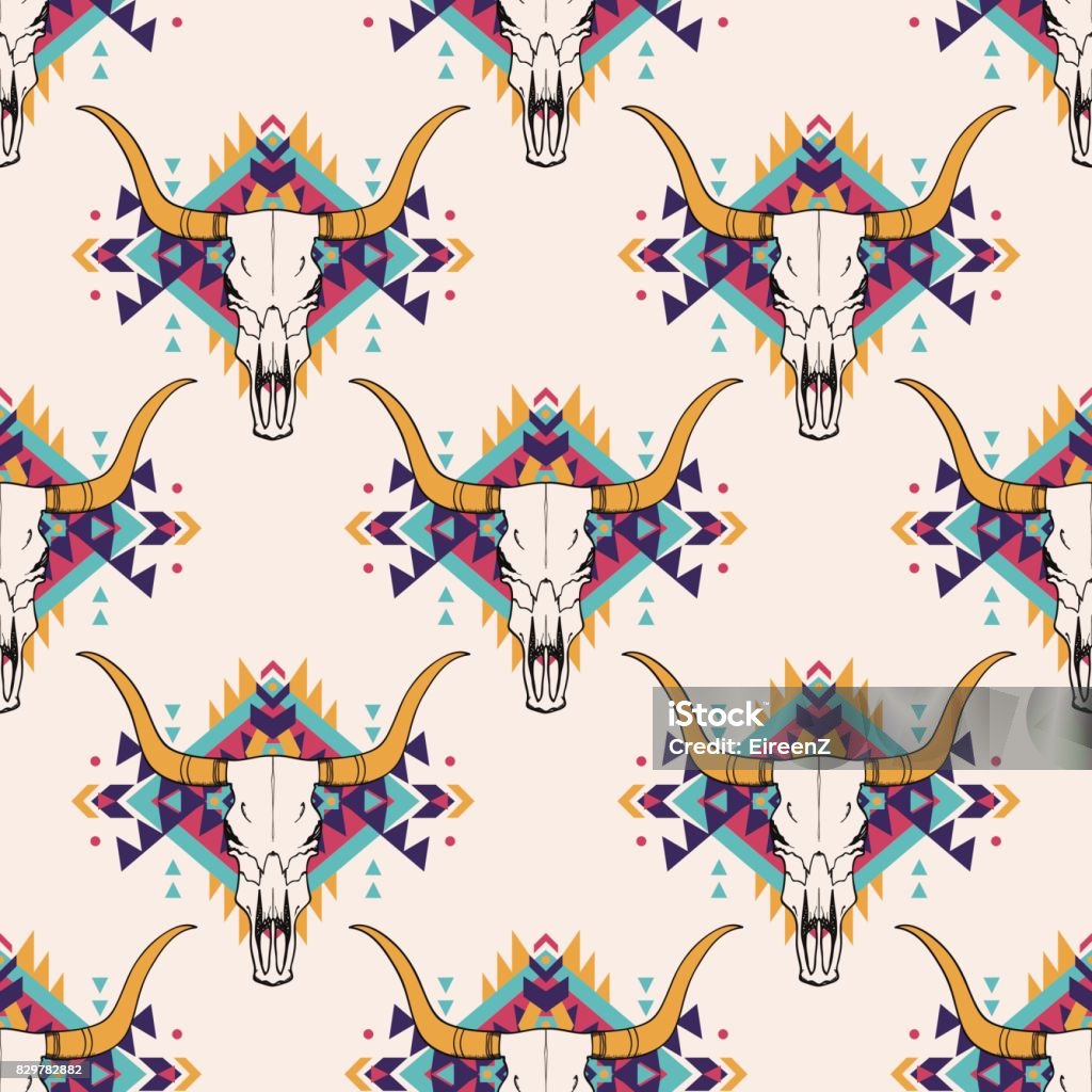 Vector tribal seamless pattern with bull skull and decorative ethnic ornament. Boho style. American indian motifs. Wild West stock vector