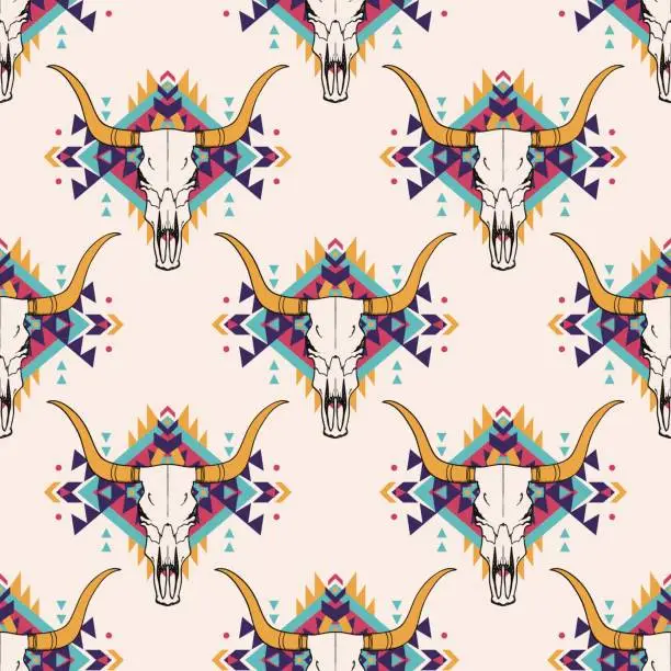 Vector illustration of Vector tribal seamless pattern with bull skull and decorative ethnic ornament. Boho style. American indian motifs.