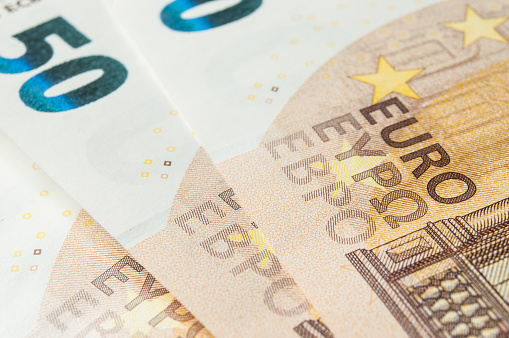 closeup of banknotes of fifty euro money
