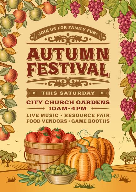 ilustrações de stock, clip art, desenhos animados e ícones de vintage autumn festival poster - thanksgiving autumn pumpkin backgrounds