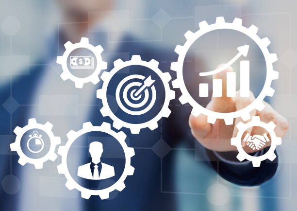 Business process management and workflow automation flowchart, gears, icons, manager